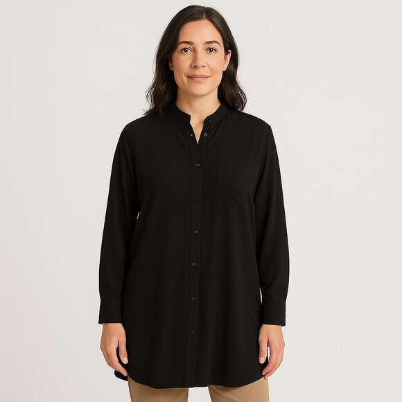 Eileen Fisher 100% Silk Georgette Crepe Mandarin Collar Shirt Size Small - Picture 1 of 8